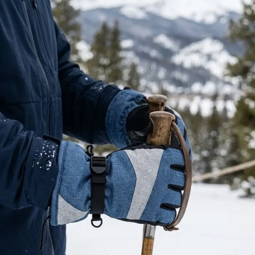 Mens Insulated Winter Ski Snowboard Gloves Blue Denim Look Adjustable Straps